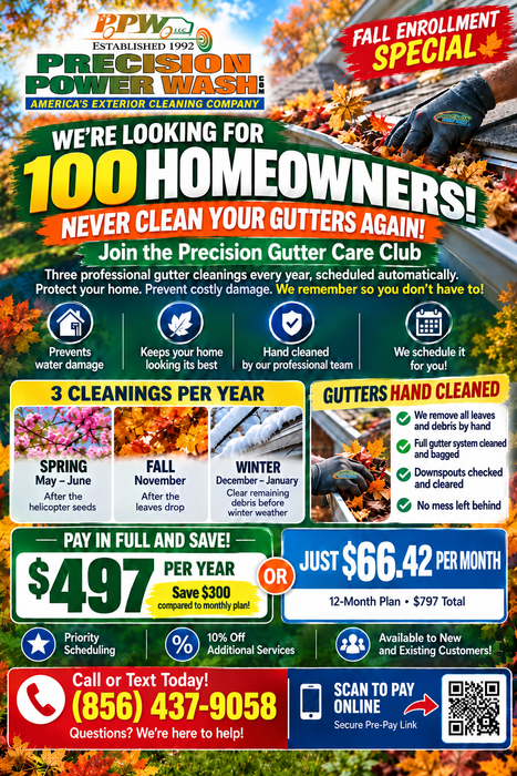 Gutter cleaning care clu 2026–2027 Annual Gutter Cleaning Package — 3 Visits

SPECIAL INTRODUCTORY OFFER — FIRST 100 HOMEOWNERS!

$497 — PAY ONCE, COVER THE ENTIRE YEAR!

Protect your home from clogged gutters, overflowing rainwater, and unn